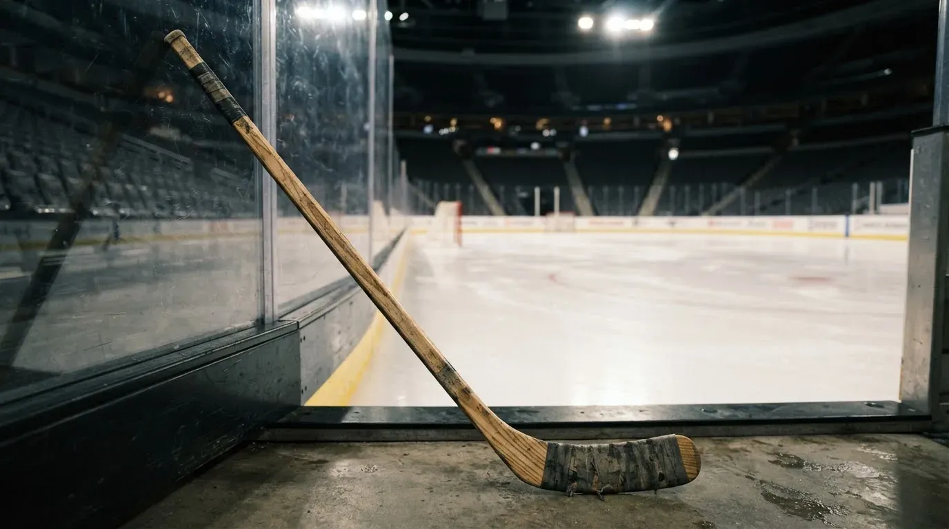 Ein Eishockeyschläger lehnt an der Bande, in der Ferne liegt die hell beleuchtete Eisfläche einer Halle unter Flutlicht.