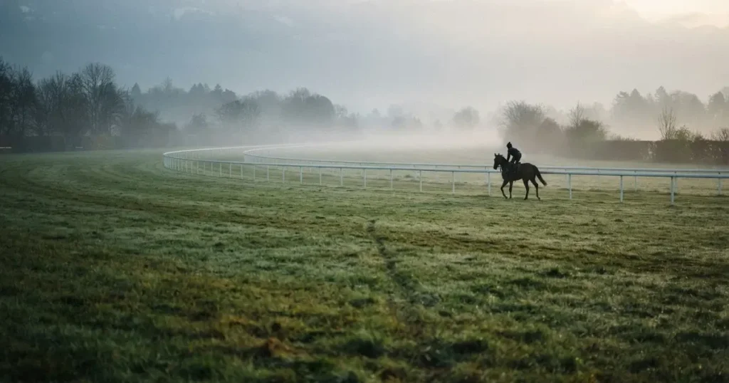 Eine Galoppbahn mit Rasen und weissen Begrenzungen im Morgennebel, in der Ferne trabt ein einzelnes Pferd beim Training.