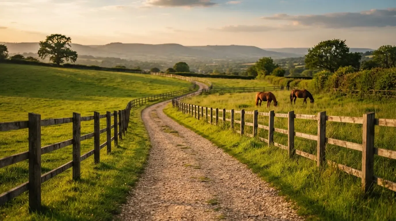 Ein Feldweg führt zwischen Weiden mit Holzzaun auf eine Hügelkette zu, über den Wiesen liegt weiches Abendlicht.