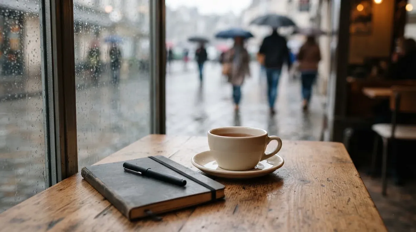 Ein Café-Tisch am Fenster mit einer Teetasse, draussen ein nasser Gehweg und Passanten mit Regenschirmen in unscharfer Ferne.