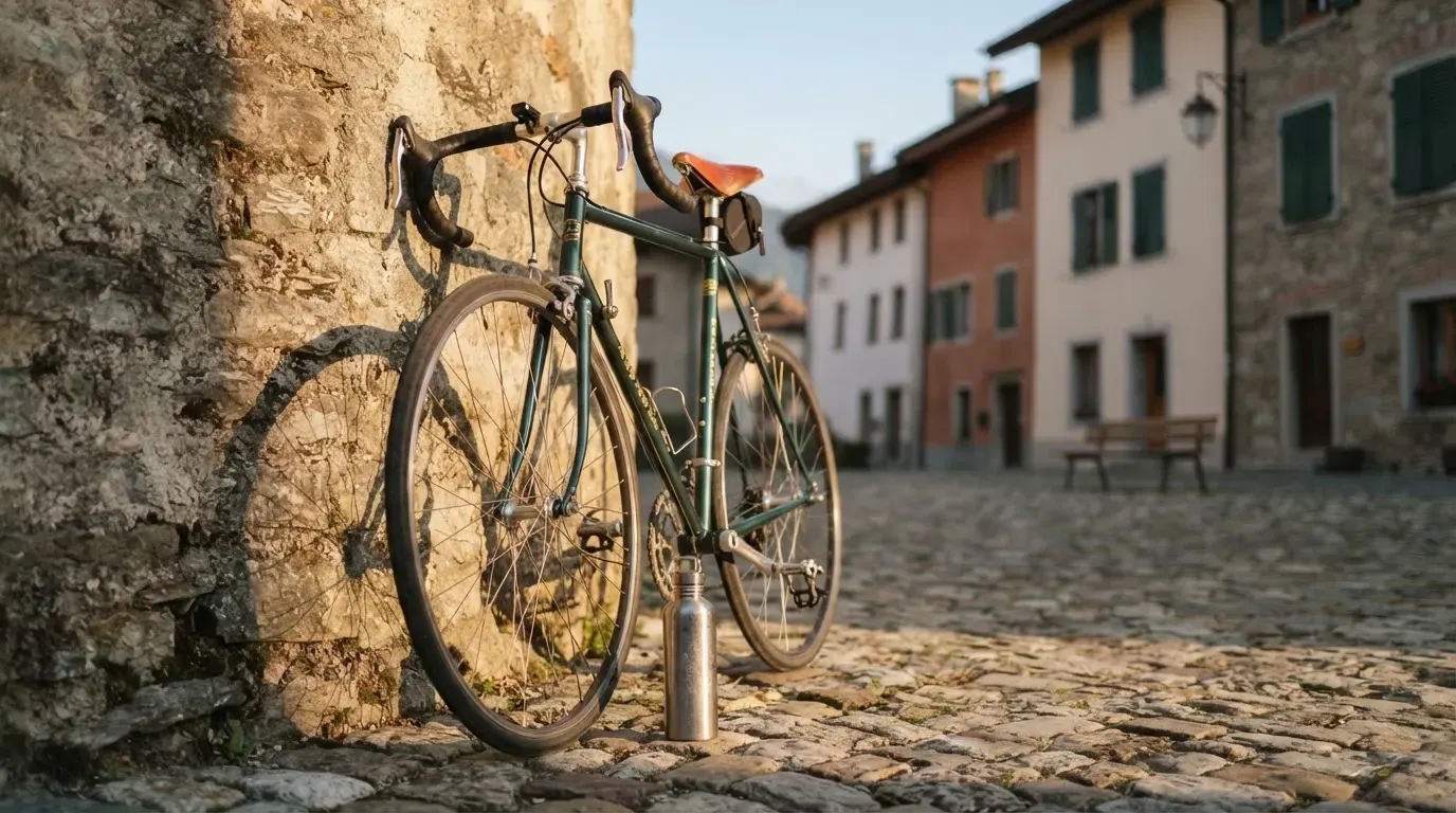 Ein Rennrad lehnt an einer Steinmauer am Rand eines Dorfplatzes, daneben eine Trinkflasche im ersten Sonnenlicht.