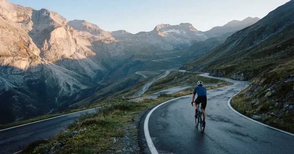 Eine Landstrasse schlängelt sich einen Alpenpass hinauf, am Strassenrand liegt feuchtes Gras und die Morgensonne färbt die Felsen.