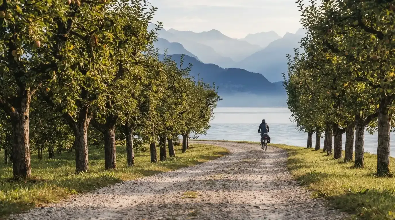 Ein langer Kiesweg zwischen Obstbäumen am Seeufer, im Hintergrund die Silhouette von Bergen im Dunst eines frühen Morgens.