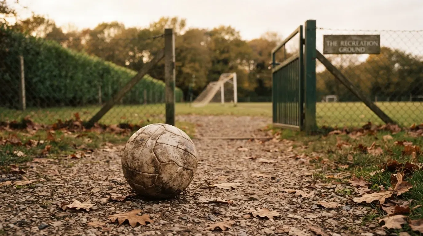 Ein abgenutzter Fussball liegt auf einem Kiesweg neben dem Eingang eines Vereinsplatzes, Laub liegt auf dem Boden.