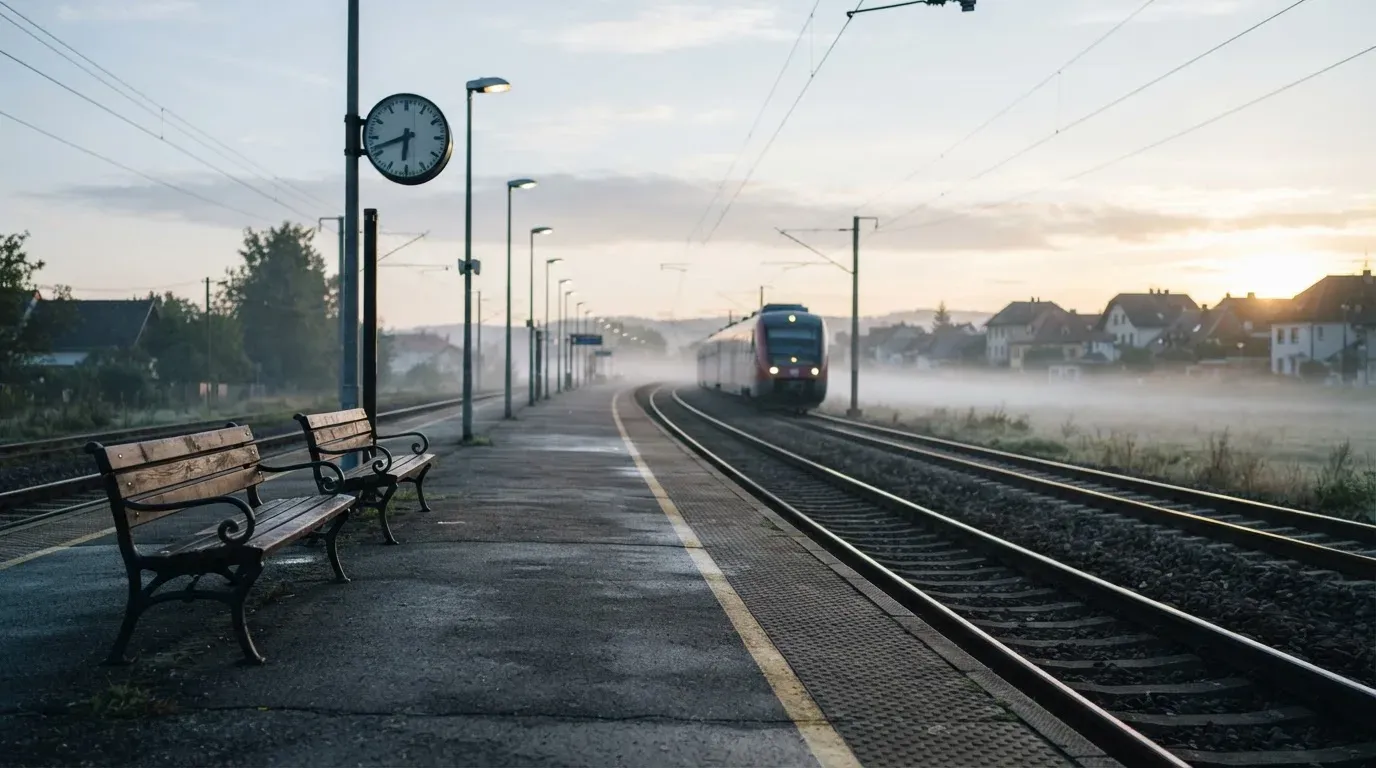 Ein Bahnsteig mit leeren Bänken an einem Regionalbahnhof am Morgen, ein Zug fährt in der Ferne ein.
