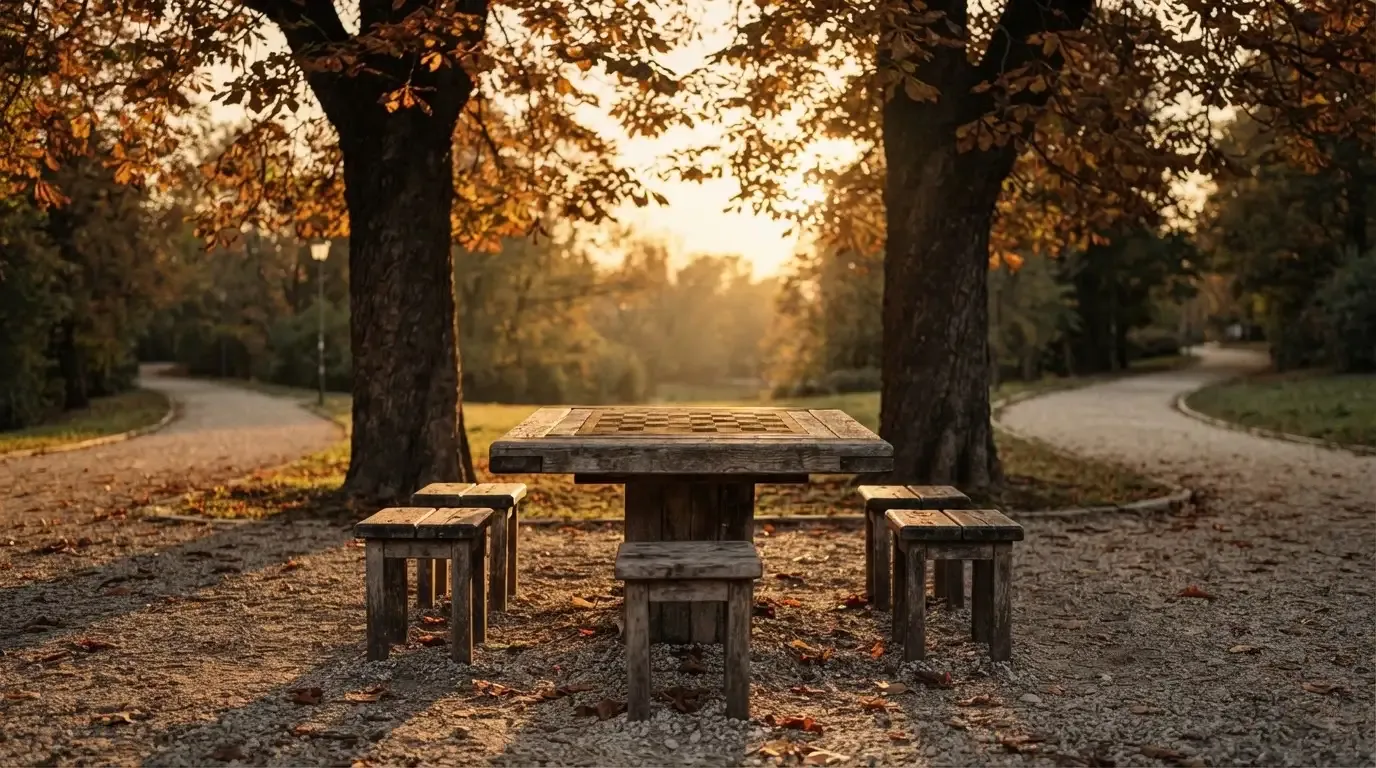Ein Parkbank-Tisch mit eingelassenem Spielfeld unter alten Kastanien, auf den Wegen liegt Laub und die Sonne steht tief.