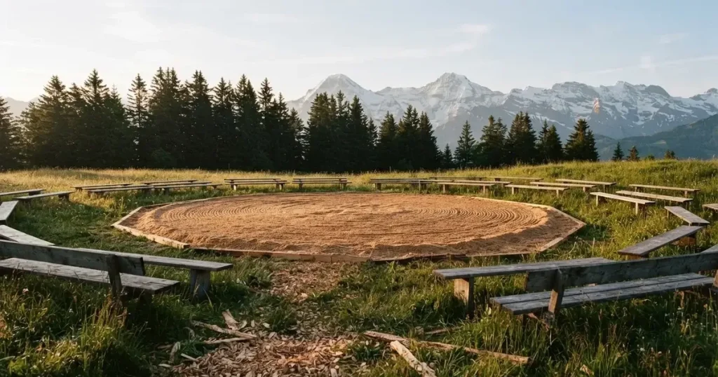 Ein kreisrunder Sägemehlring auf einer Wiese in den Voralpen, leere Holzbänke ringsum, im Hintergrund Berge im Morgenlicht.
