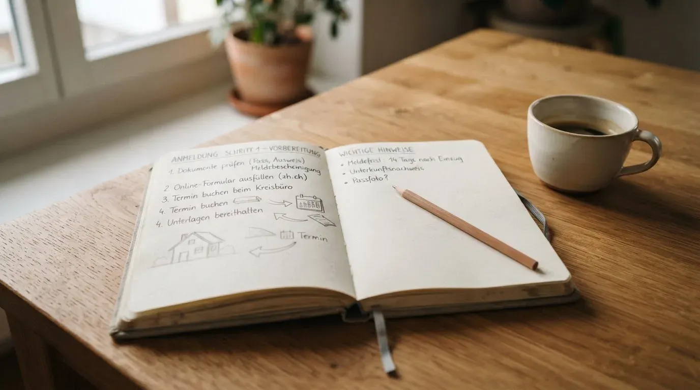 Ein aufgeschlagenes Notizbuch mit handschriftlichen Skizzen neben einem Bleistift und einer Kaffeetasse auf einem Holztisch.