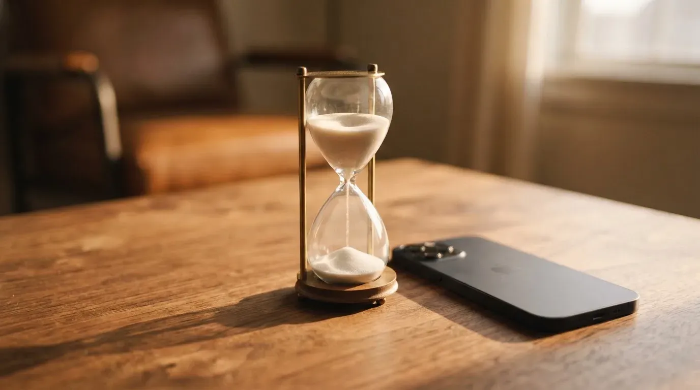 Eine Sanduhr steht auf einem Holztisch neben einem umgedrehten Smartphone, warmes Licht fällt von der Seite ein.