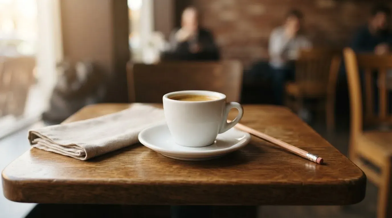 Eine Espressotasse und ein Bleistift liegen auf einem Caféhaustisch neben einer gefalteten Stoffserviette im Licht der Morgensonne.