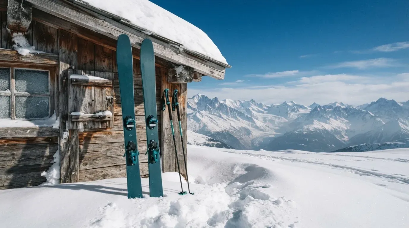 Zwei Skier stecken aufrecht im Schnee neben einer Holzhütte, dahinter ein weites Alpenpanorama bei klarem Himmel.