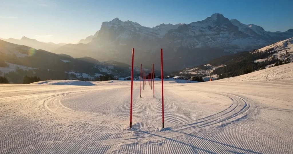 Ein frisch präparierter Hang mit Slalomstangen in einer Reihe im ersten Morgenlicht, Schneespuren im Hang und Berge im Hintergrund.