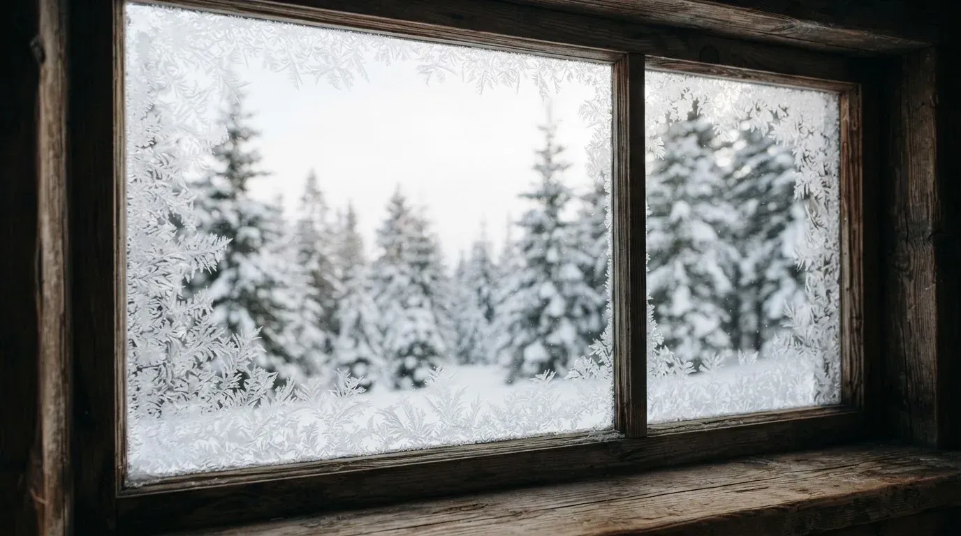 Ein vereistes Fenster einer Berghütte mit Blick auf verschneite Tannen im blassen Winterlicht.
