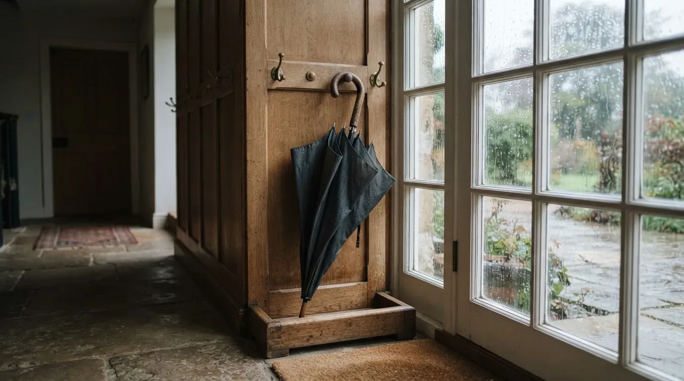 Eine Garderobe aus Holz mit einem dunklen Regenschirm in einem stillen Korridor, am Fenster rinnt Regen herunter.