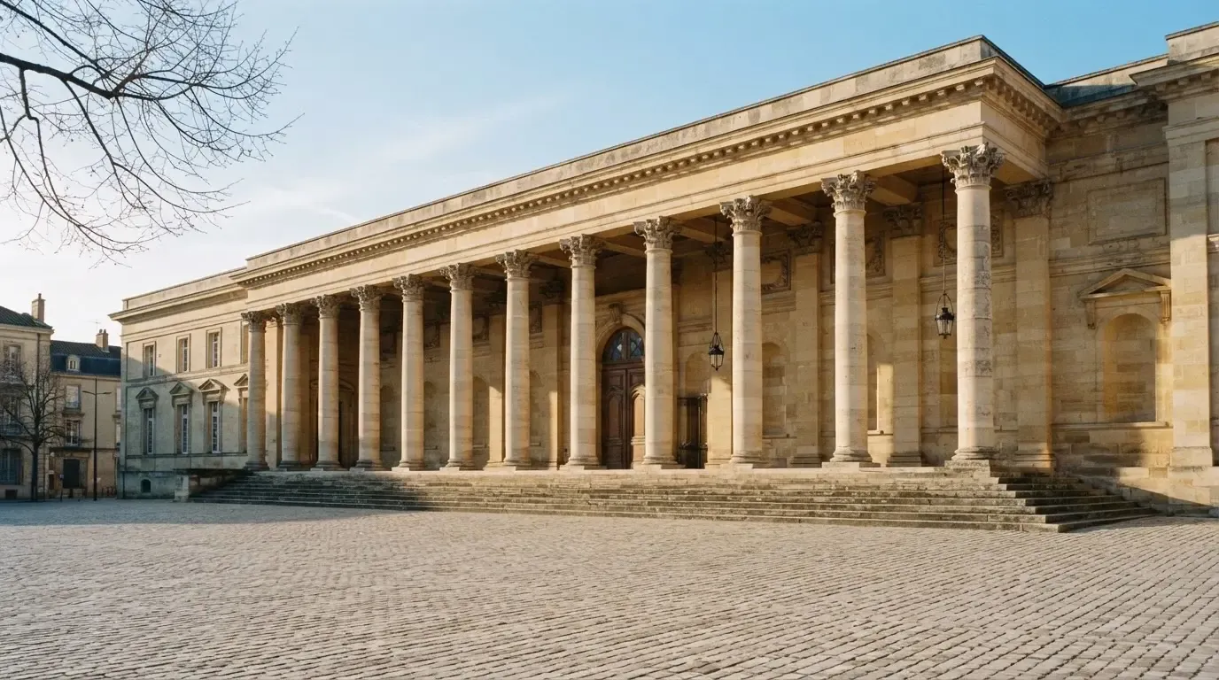 Die Fassade eines Steingebäudes mit Säulen an einem ruhigen Platz im Morgenlicht, ohne Menschen davor.