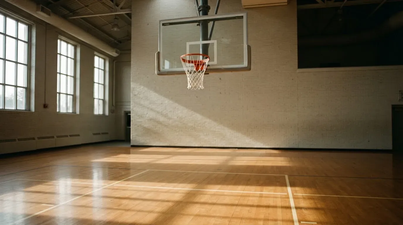 Ein Basketballkorb hängt in einer leeren Turnhalle, durch hohe Fenster fällt Licht auf das Holzparkett.
