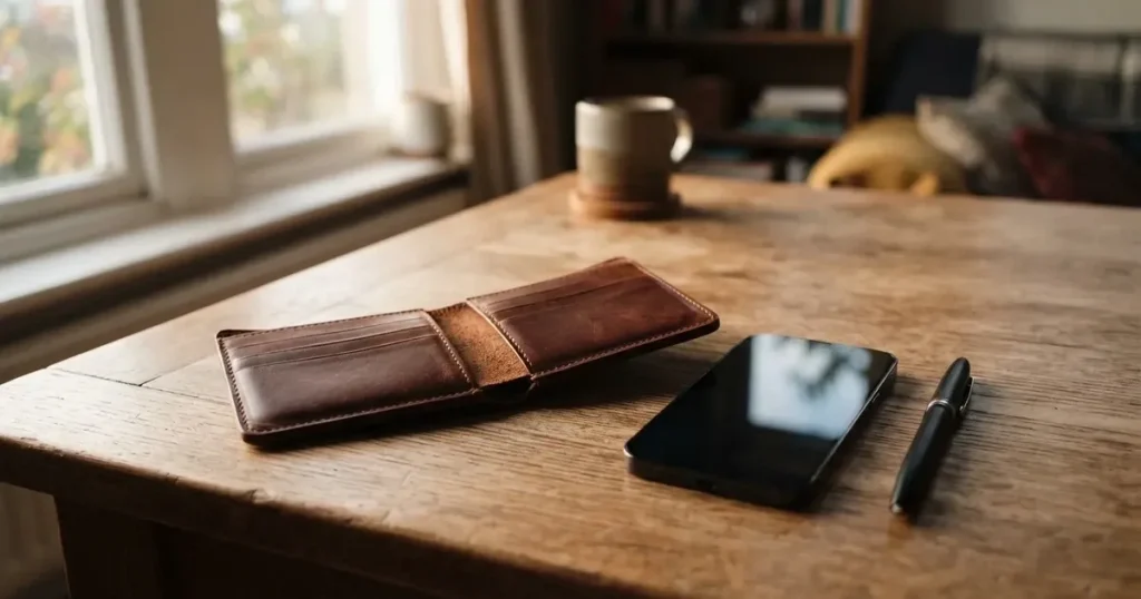 Eine leere Geldbörse aus Leder liegt geöffnet auf einem Tisch, daneben ein Kugelschreiber und ein Smartphone mit dunklem Display.