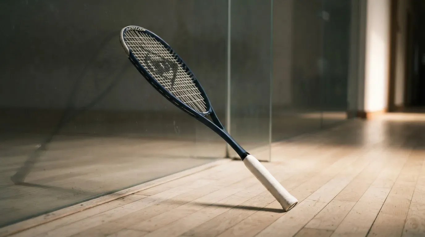 Ein Squashschläger lehnt an der Glaswand eines leeren Courts, draussen fällt Tageslicht in den Gang.