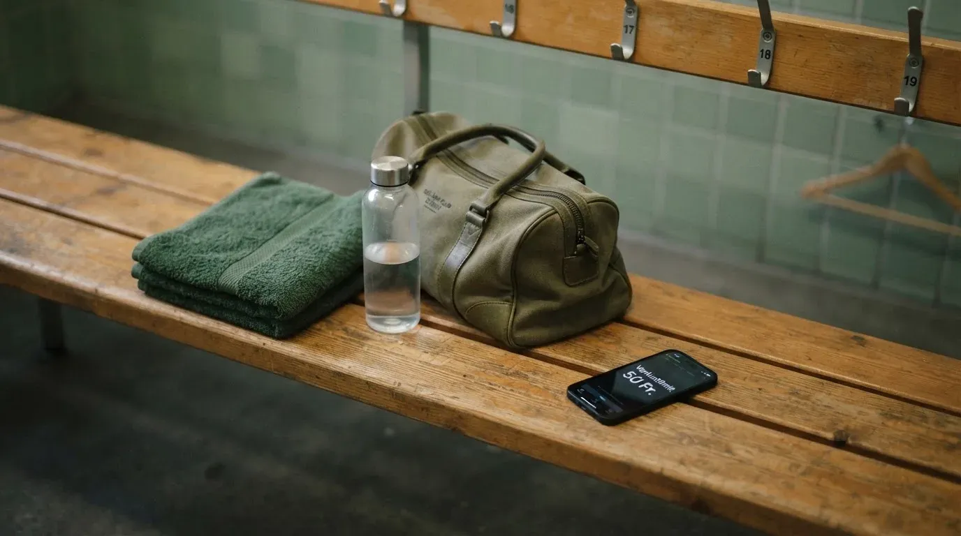 Ein Frottiertuch und eine Trinkflasche liegen auf einer Bank neben einer Sporttasche in einer ruhigen Garderobe.