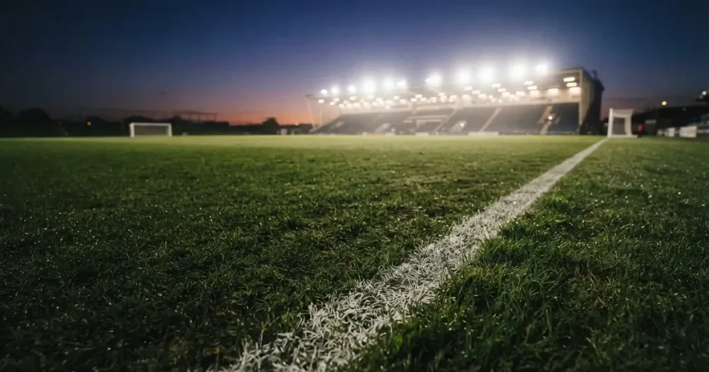 Eine Seitenlinie aus weisser Kreide auf dem Rasen in der Dämmerung, in der Ferne ragt eine hell beleuchtete Stadionschüssel auf.