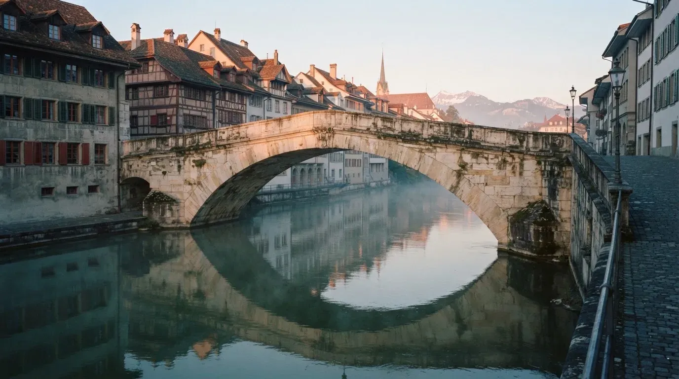 Ein steinerner Brückenbogen über einem Fluss in einer Schweizer Altstadt im ersten Morgenlicht.
