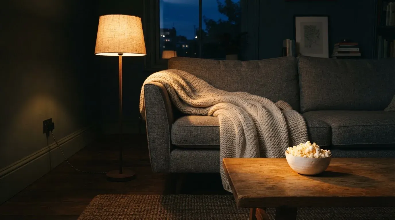Ein Sofa mit Wolldecke und eine Schale Popcorn auf dem Couchtisch in einem Wohnzimmer bei Lampenlicht am späten Abend.
