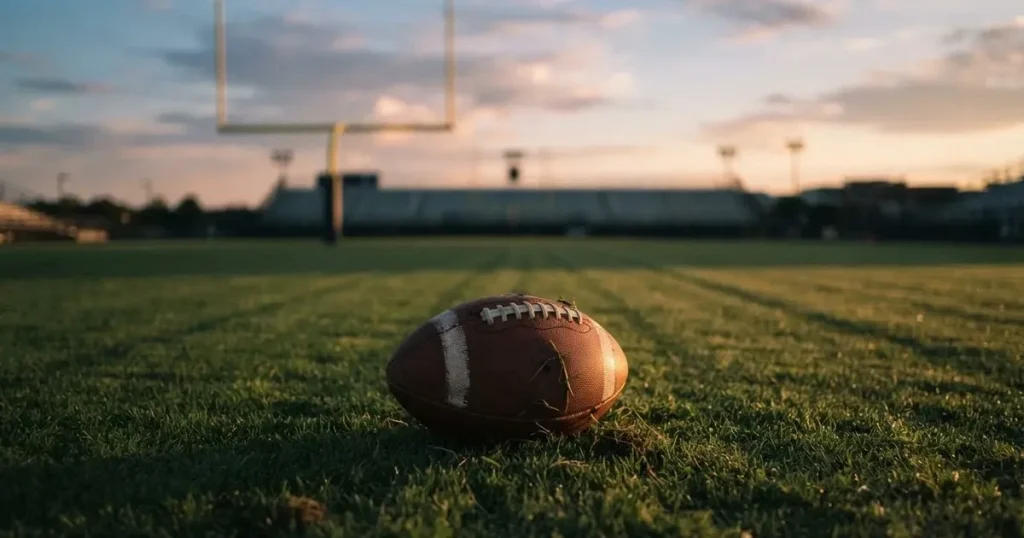 Ein ovaler Lederball liegt auf einem Rasen, dahinter ragt ein gelbes Torgestell in den Abendhimmel.