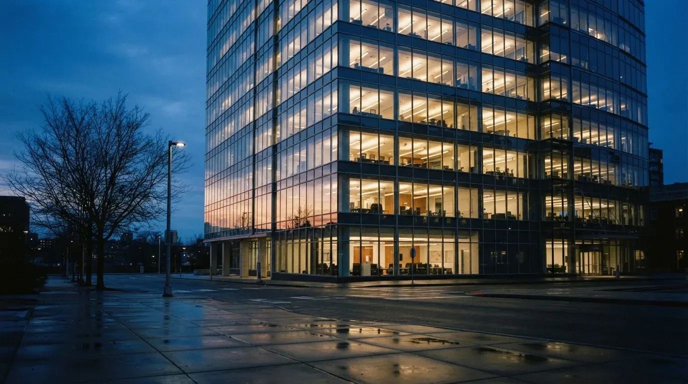 Ein Bürogebäude aus Glas in der Dämmerung mit beleuchteten Fenstern, gesehen von einer Strassenecke.