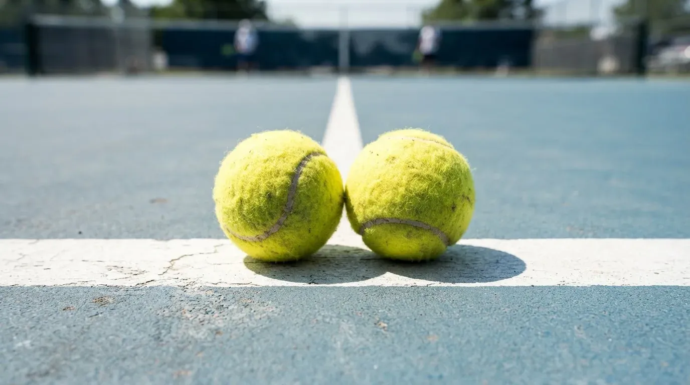 Zwei Tennisbälle liegen auf der weissen Grundlinie eines Hartplatzes im grellen Sonnenlicht.