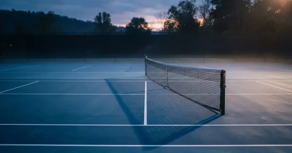 Ein leerer Tennisplatz im Morgengrauen, der Netzschatten fällt lang über den Platz, über der Grundlinie liegt leichter Nebel.
