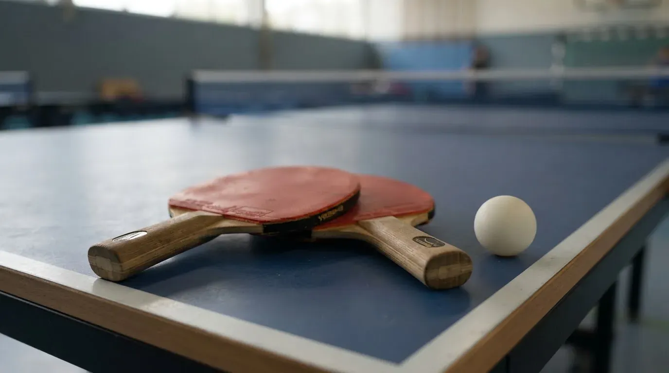 Zwei Tischtennisschläger liegen gekreuzt am Rand einer Platte, daneben ein kleiner weisser Ball.