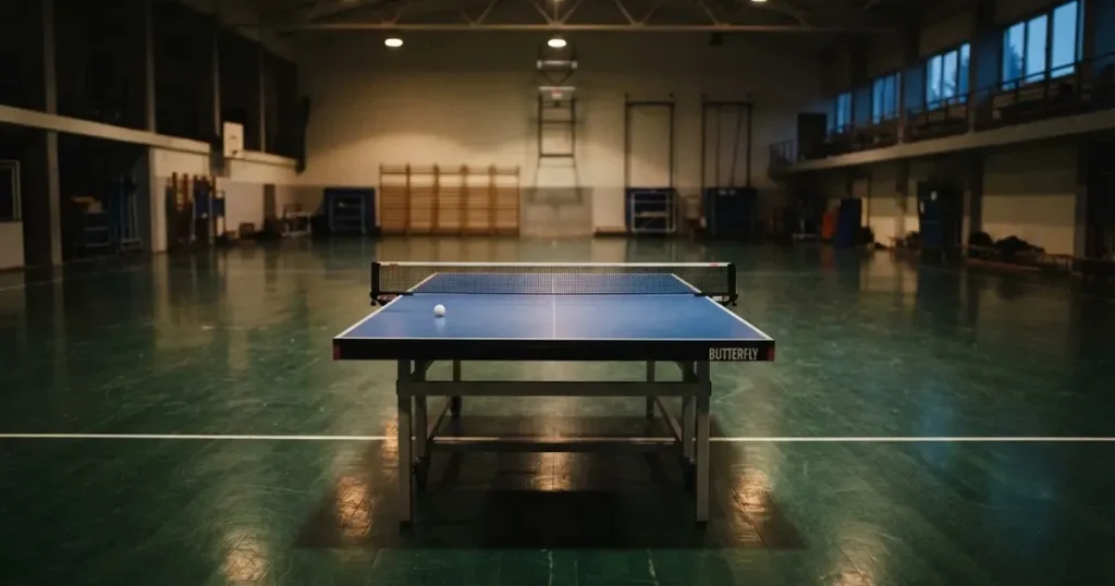 Eine Tischtennisplatte mit Netz in einer leeren Sporthalle, ein heller Ball liegt auf einer Seite, Deckenlicht spiegelt sich im Hallenboden.