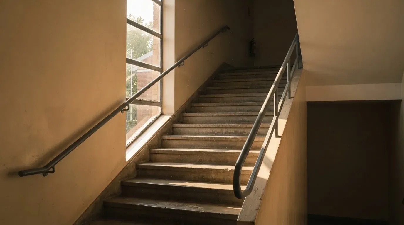 Ein stilles Treppenhaus eines Gemeindesportzentrums, durch ein Fenster fällt Nachmittagslicht auf die Stufen.