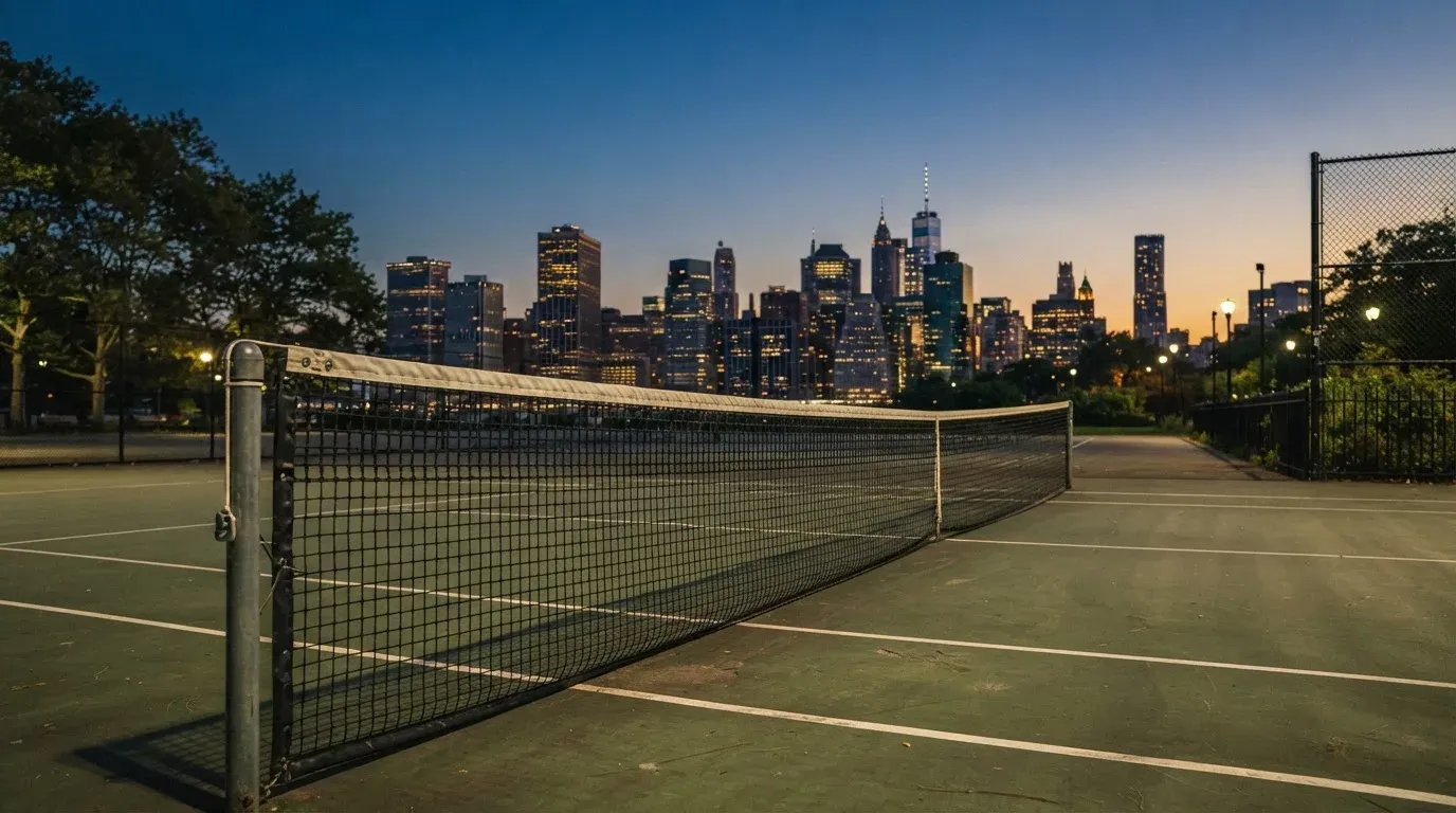 Die Hochhäuser einer Grossstadt in der Dämmerung, gesehen von einem Park, im Vordergrund ein gespanntes Tennisnetz.