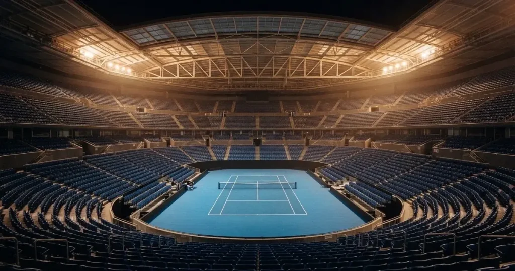 Ein hohes Tennisstadion mit geschlossenem Dach, von innen beleuchtet, leere Sitzreihen umschliessen den blauen Hartplatz.