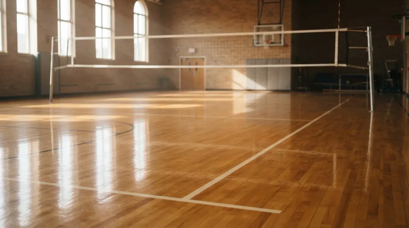 Eine Sporthalle mit gespanntem Volleyballnetz über poliertem Holzboden, hohe Fenster lassen Tageslicht herein.