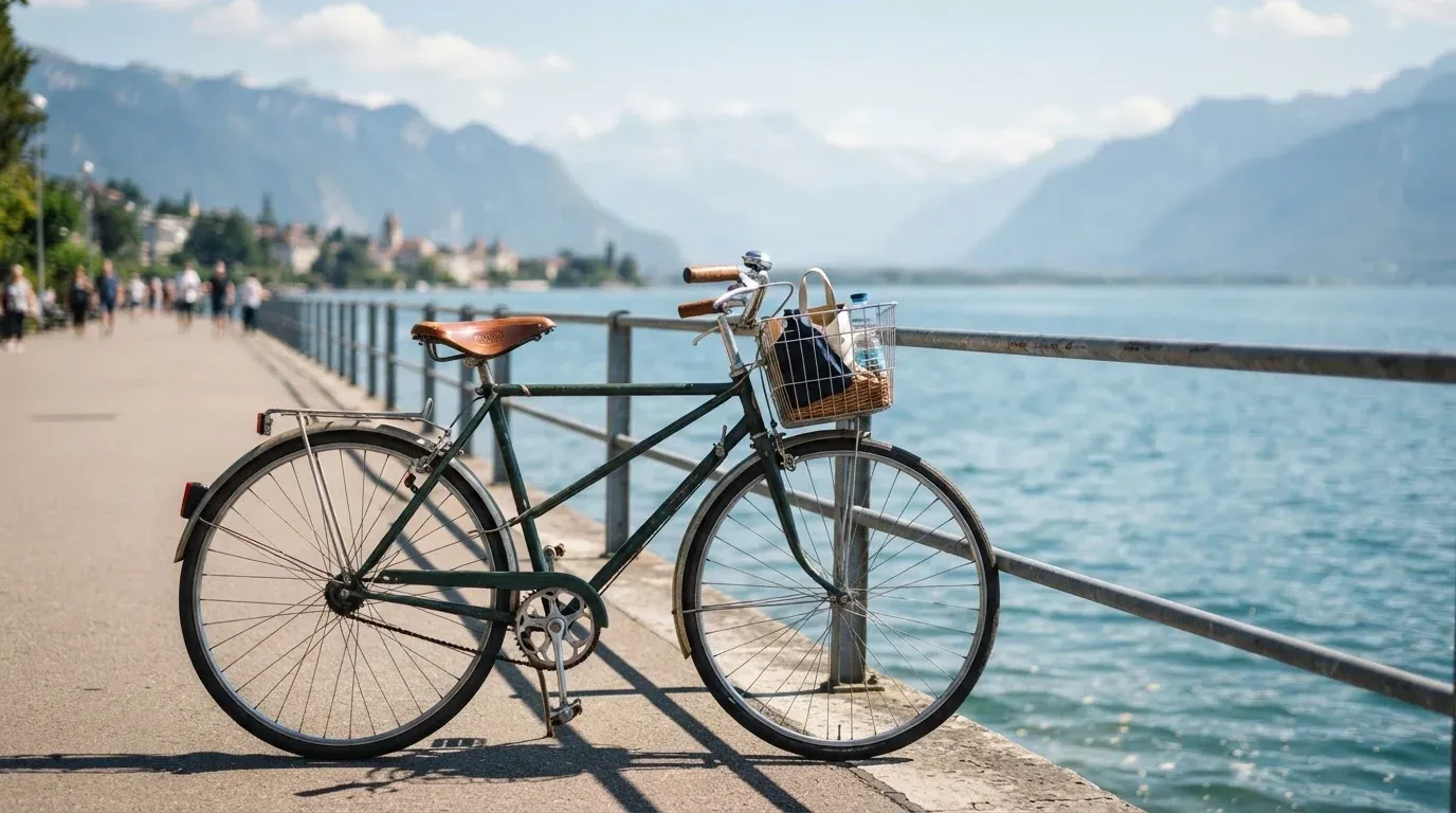 Ein Fahrrad lehnt an einem Geländer einer Uferpromenade an einem See im Sonnenlicht.