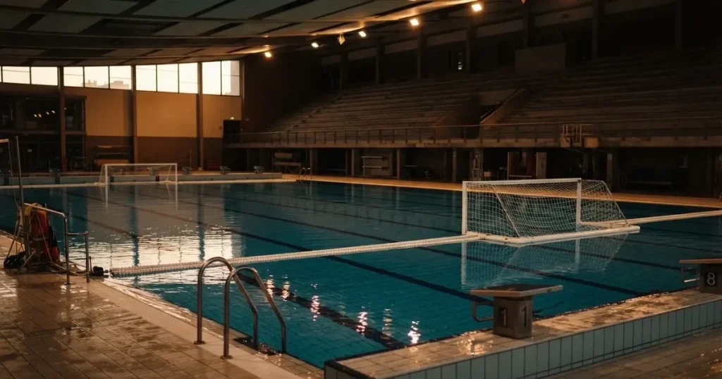 Ein Wasserballbecken am Abend mit zwei schwimmenden Torrahmen an den Enden, ruhiges blaues Wasser, leere Ränge.