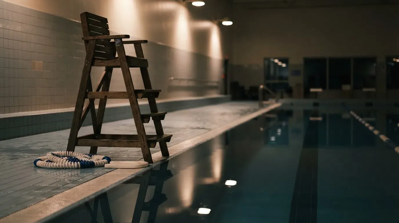 Ein Bademeisterstuhl neben einem Hallenbad zur Schliesszeit, gedimmtes Licht, glatte Wasseroberfläche.
