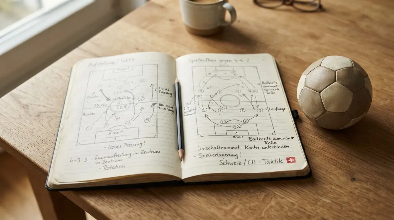 Ein aufgeschlagenes Notizbuch mit Bleistiftskizzen und ein kleiner Fussball liegen auf einem Holztisch im Tageslicht.