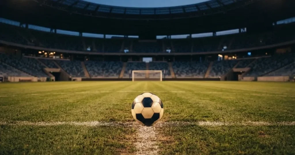 Ein Fussball liegt auf dem Anstosspunkt eines leeren Rasenplatzes, dahinter ragen die Ränge eines grossen Stadions in der Abenddämmerung auf.
