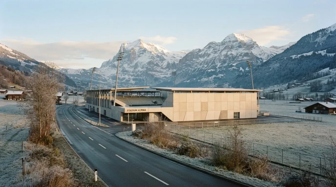 Schneebedeckte Berge erheben sich hinter einem Fussballstadion in einem Schweizer Tal, davor liegt eine leere Strasse im Morgenlicht.