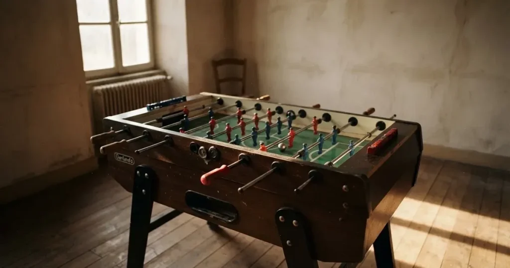 Ein Tischfussballtisch steht in einem leeren Raum, auf dem grünen Spielfeld liegt eine einzelne Kugel im Licht eines Fensters.