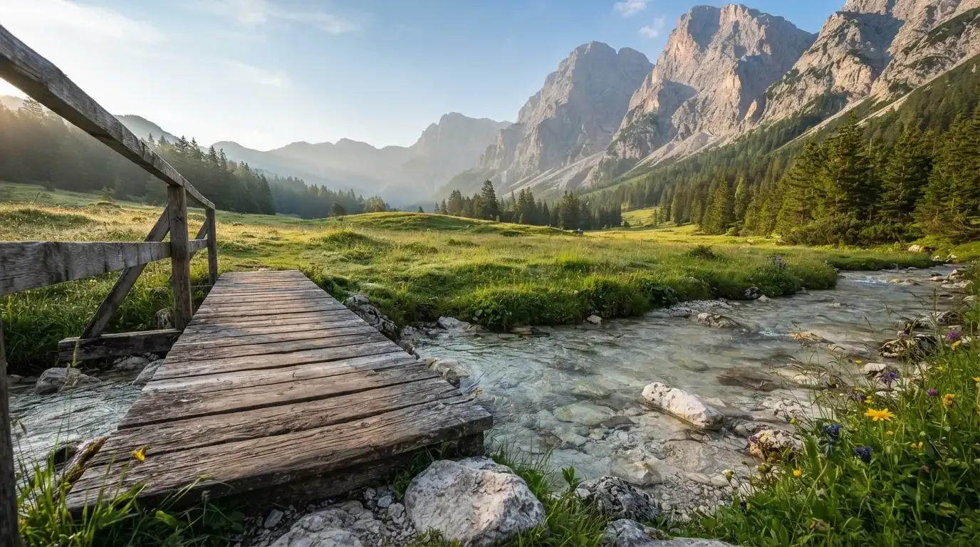 Ein Holzsteg führt über einen klaren Bergbach, im Hintergrund Wiesen und steile Hänge im Morgenlicht.