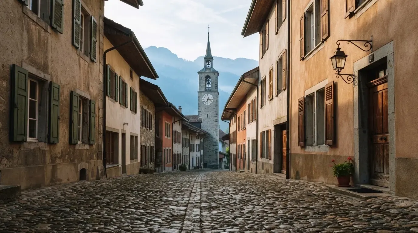 Eine ruhige Gasse in einer Schweizer Altstadt mit Kopfsteinpflaster am frühen Morgen, im Hintergrund ein Kirchturm und Berge im Dunst.