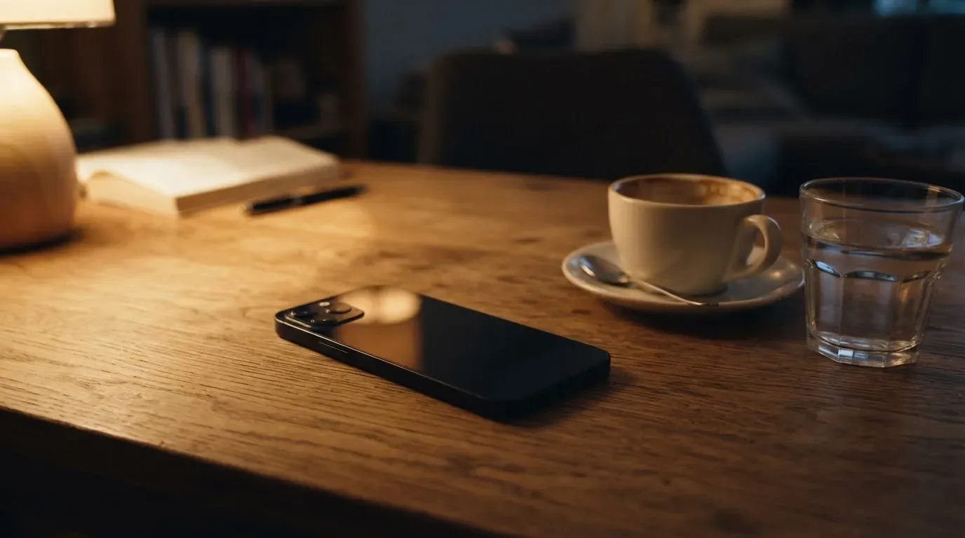 Ein Smartphone mit dunklem Display liegt neben einer Kaffeetasse und einem Glas Wasser auf einem Holztisch im Licht einer Lampe.