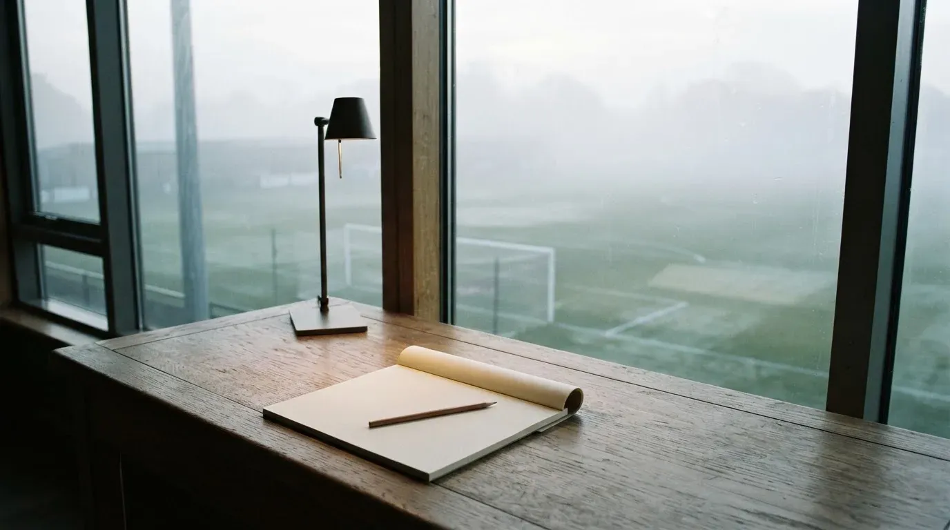 Ein Schreibtisch am Fenster mit Schreibtischlampe, Bleistift und leerem Block, draussen liegt ein Fussballplatz im Dunst.