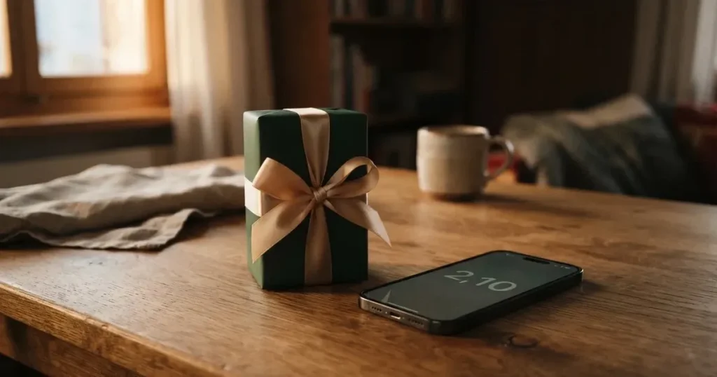 Ein kleines Geschenk mit Schleife steht auf einem Holztisch neben einem Smartphone mit dunklem Display im Seitenlicht.