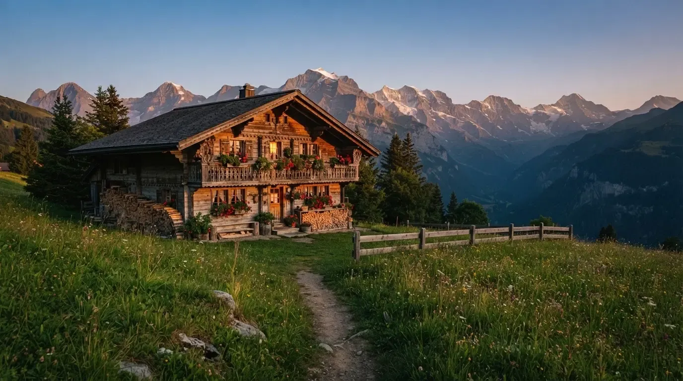 Ein Holzchalet mit Blumenkästen steht vor einer Bergkette im Abendlicht, davor führt ein leerer Feldweg durch eine Wiese.