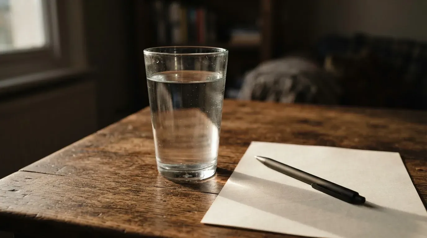 Ein Glas steht bis zum Rand gefüllt auf einem Holztisch, daneben ein Kugelschreiber und ein leeres Blatt Papier im Seitenlicht.